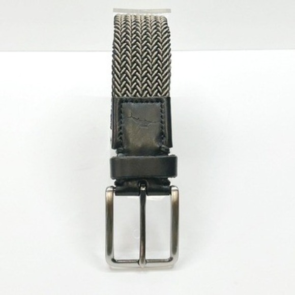 TOMMY BAHAMA Two Tone Stretchy Woven Belt Leather Trim Beige Black Sz S/M 30-36" - Picture 2 of 5